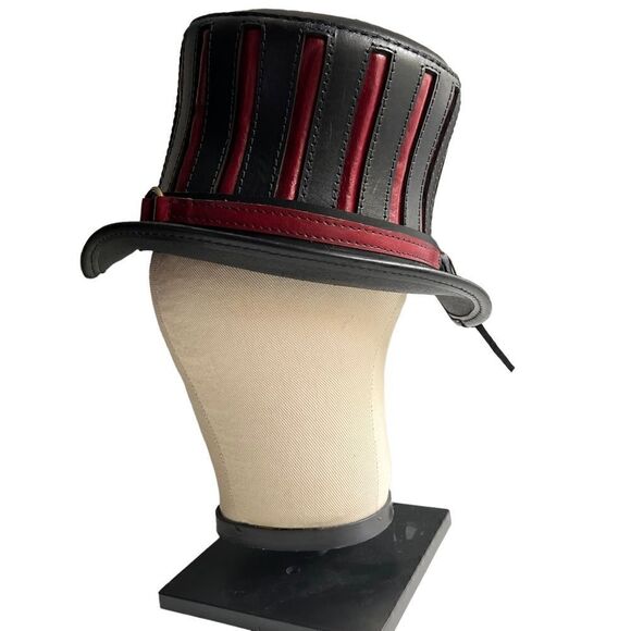 Black and Red Leather Top Hat - The Red Mad Hatter- 22.5” main image 4